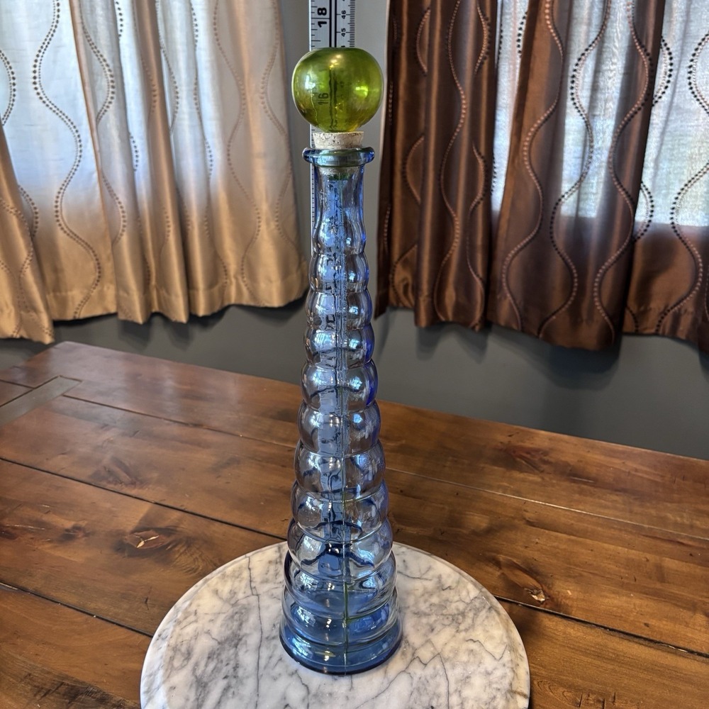VTG‎ 60s MCM Bee Hive Blue Bubble Decanter Genie Bottle Glass With Cork Stopper